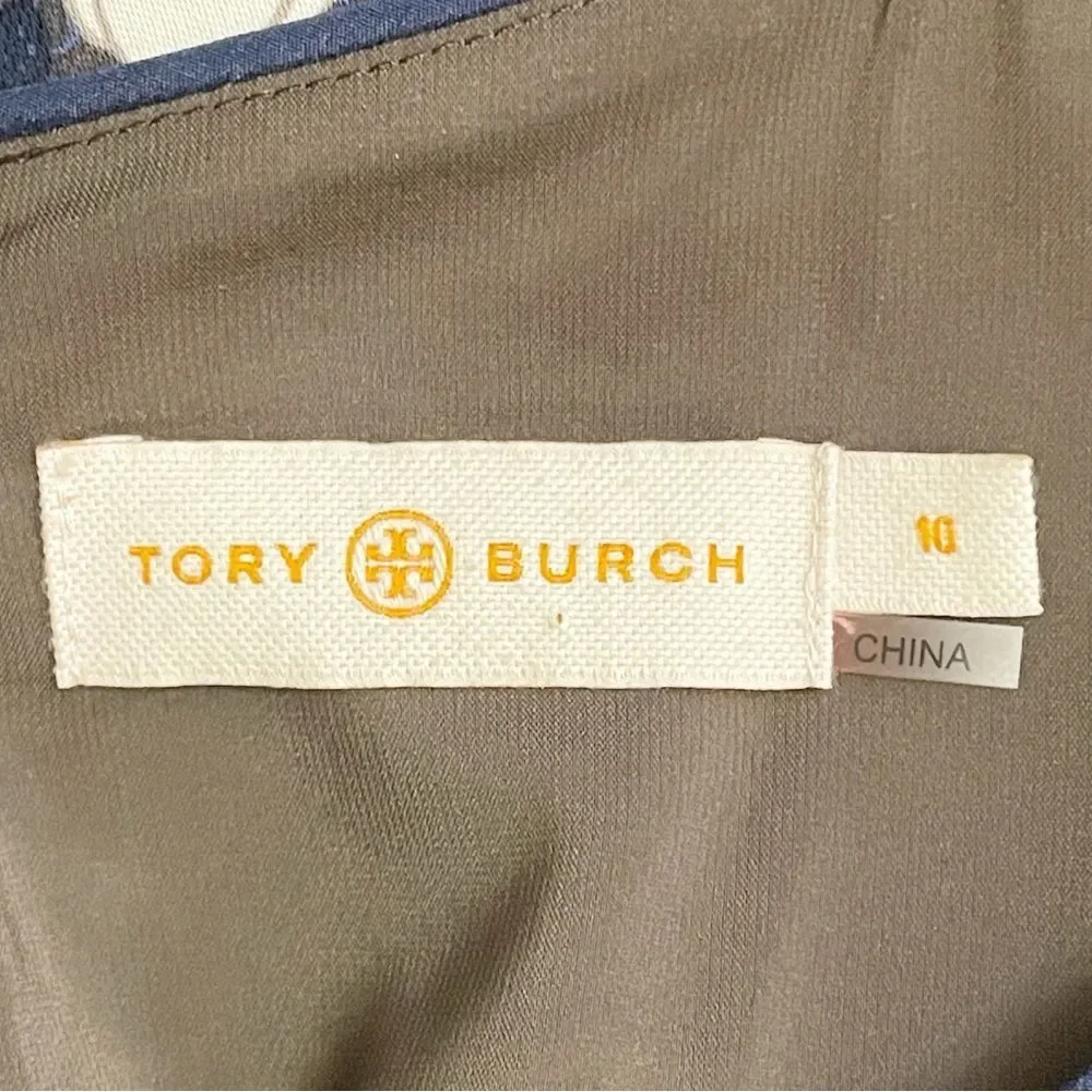Tory Burch Blue Floral Medallion Sheath Dress Size 10 Jersey Long Sleeve Stretch
